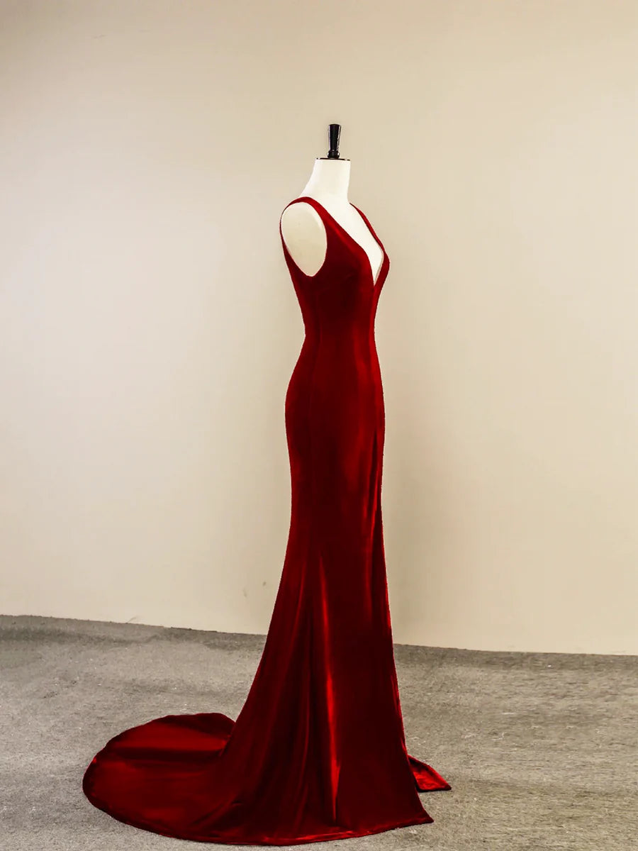 Burgundy Velvet V-Neck Front Slit Long Prom Dress Simple Mermaid Backless Evening Dress With Sweep Train