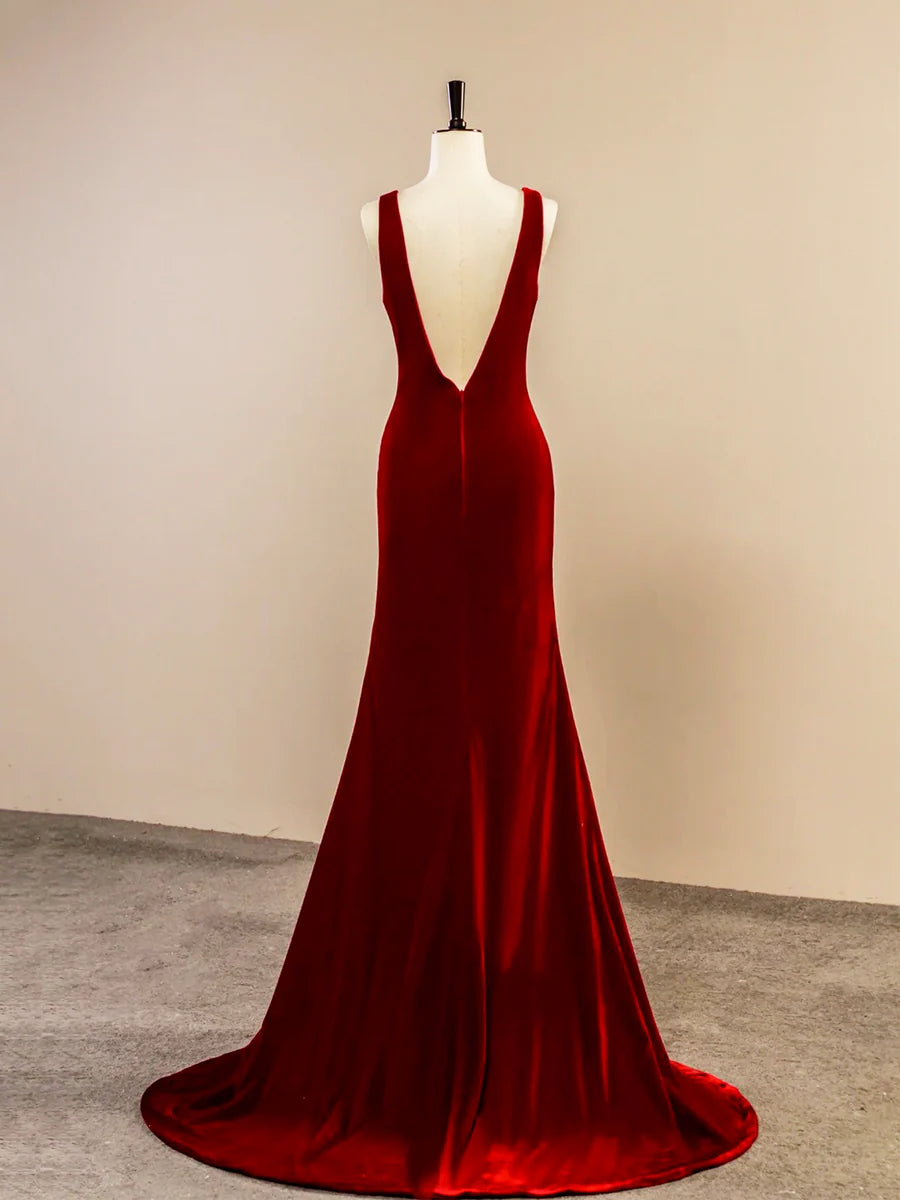 Burgundy Velvet V-Neck Front Slit Long Prom Dress Simple Mermaid Backless Evening Dress With Sweep Train