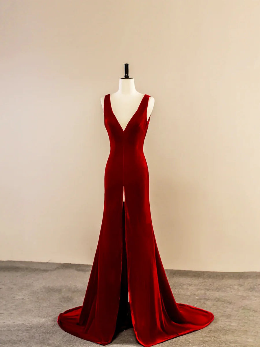 Burgundy Velvet V-Neck Front Slit Long Prom Dress Simple Mermaid Backless Evening Dress With Sweep Train