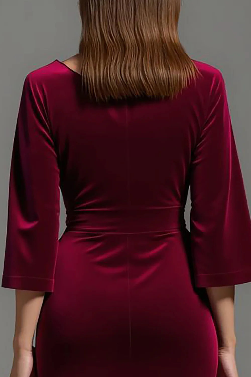 Burgundy Velvet V-Neck Long Sleeves Tea-Length Holiday Party Dress Velvet Prom Dress