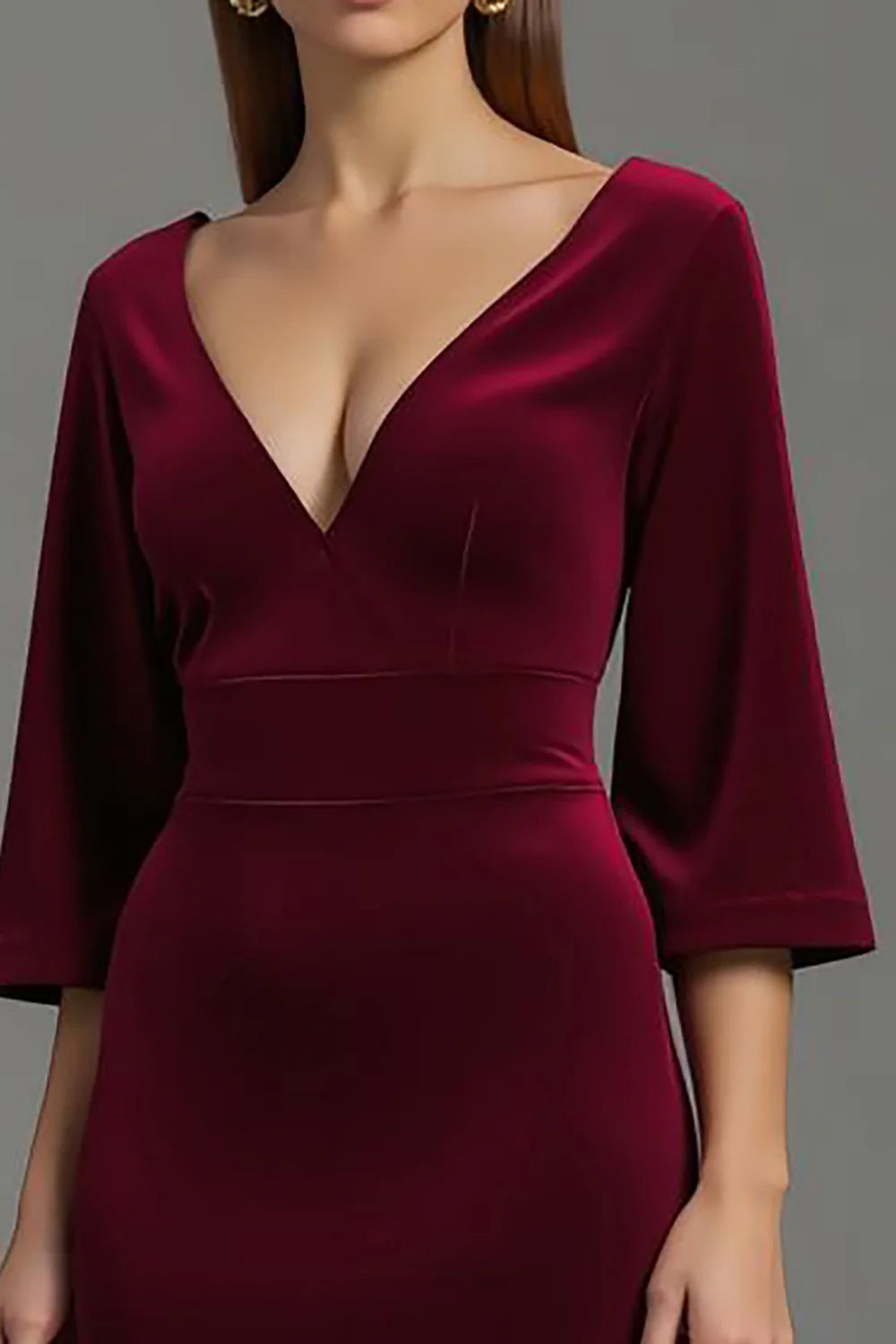 Burgundy Velvet V-Neck Long Sleeves Tea-Length Holiday Party Dress Velvet Prom Dress