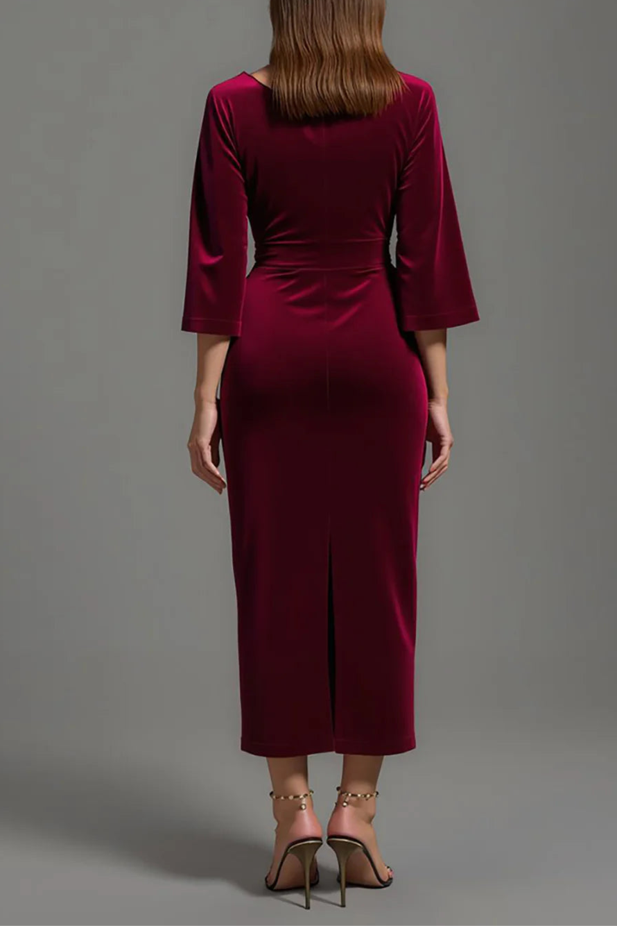 Burgundy Velvet V-Neck Long Sleeves Tea-Length Holiday Party Dress Velvet Prom Dress