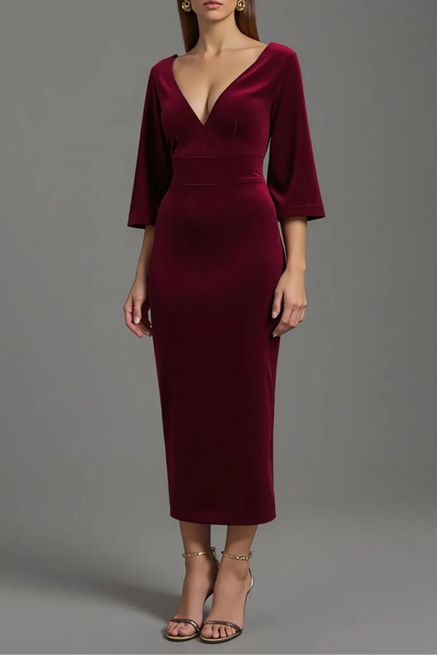 Burgundy Velvet V-Neck Long Sleeves Tea-Length Holiday Party Dress Velvet Prom Dress