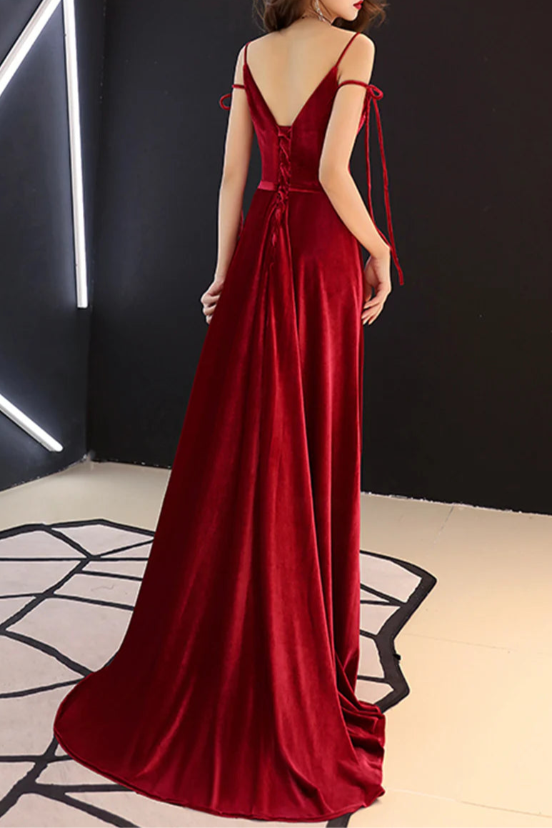 Burgundy Velvet V Neck Long Prom Dresses Spaghetti Strap Floor Length Evening Dresses