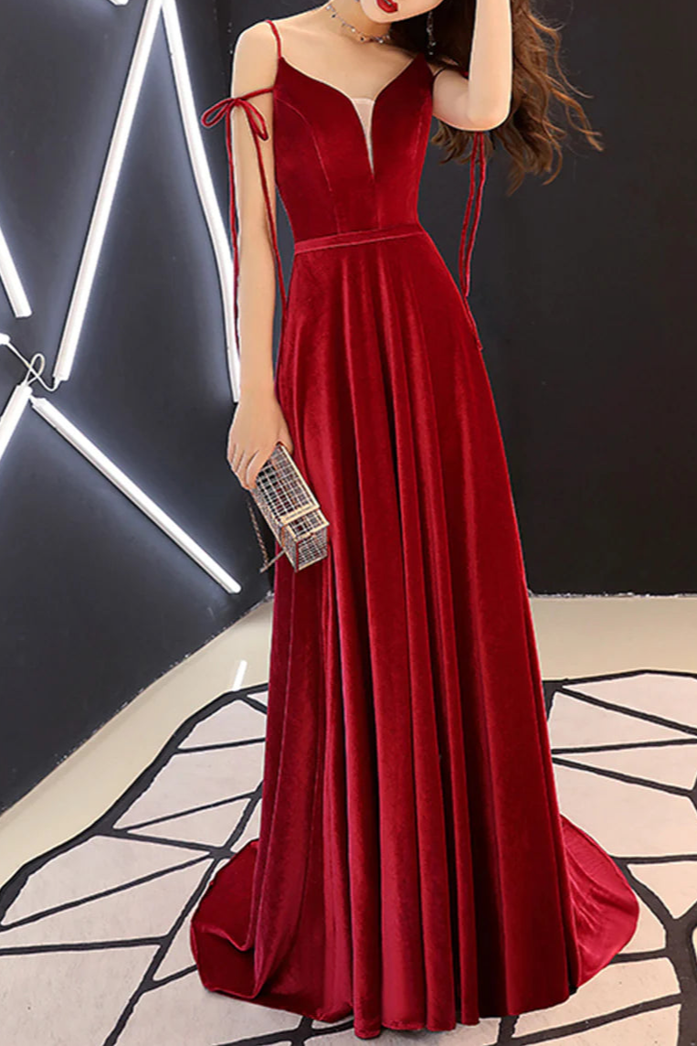 Burgundy Velvet V Neck Long Prom Dresses Spaghetti Strap Floor Length Evening Dresses