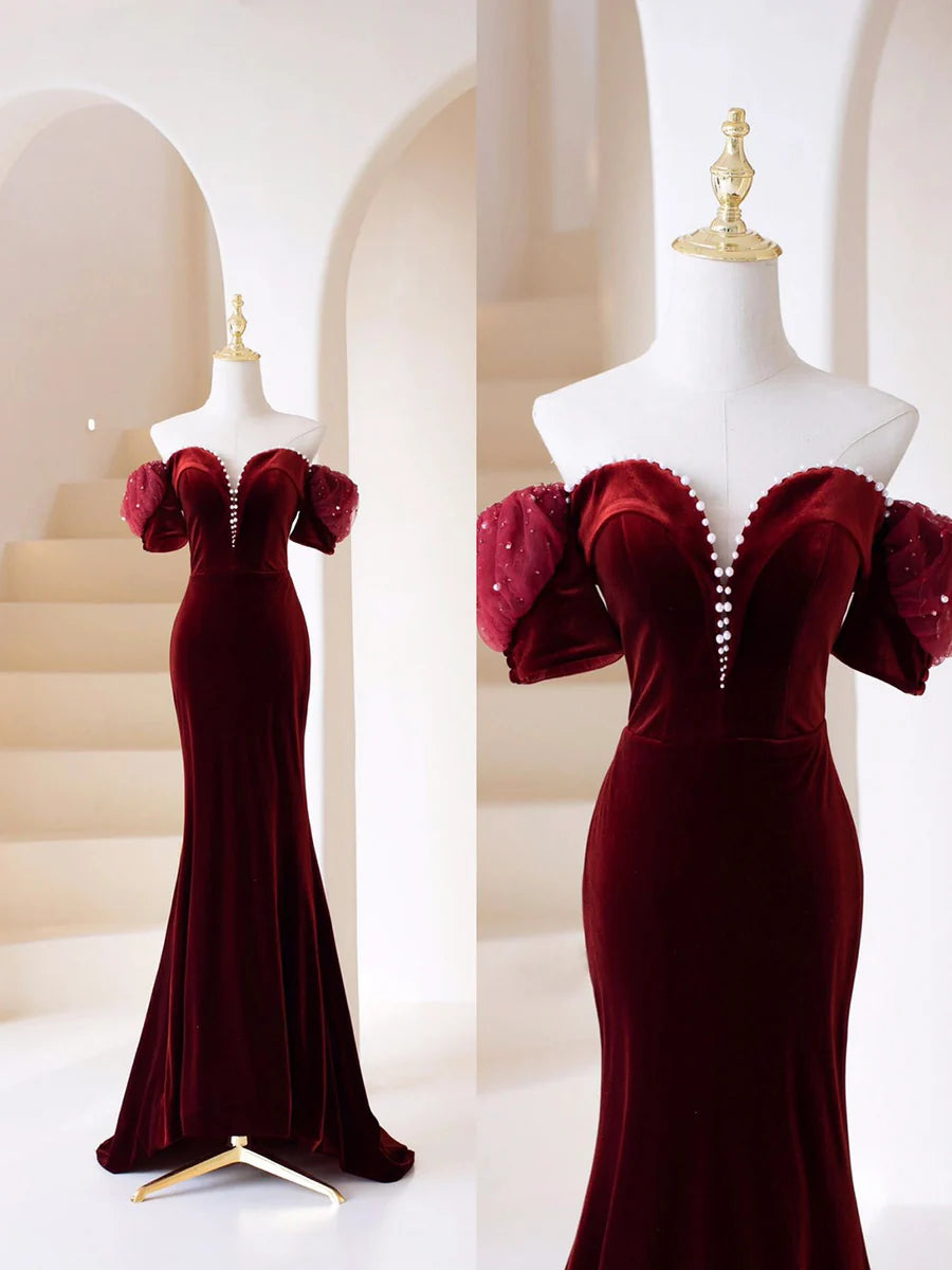 Burgundy Velvet V Neck With Beaded Mermaid Long Prom Dress Evening Party Dress