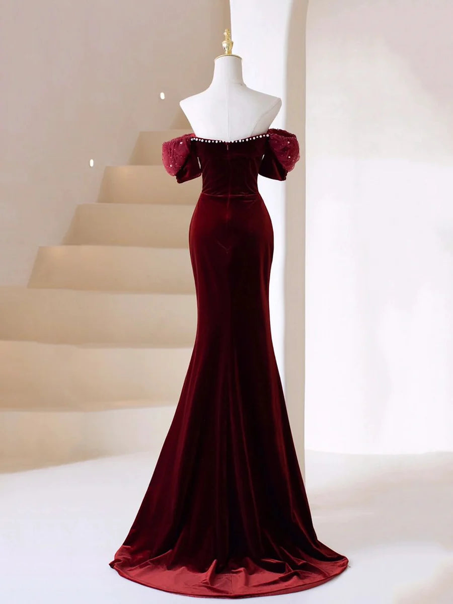 Burgundy Velvet V Neck With Beaded Mermaid Long Prom Dress Evening Party Dress