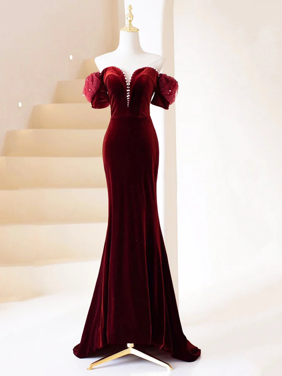 Burgundy Velvet V Neck With Beaded Mermaid Long Prom Dress Evening Party Dress