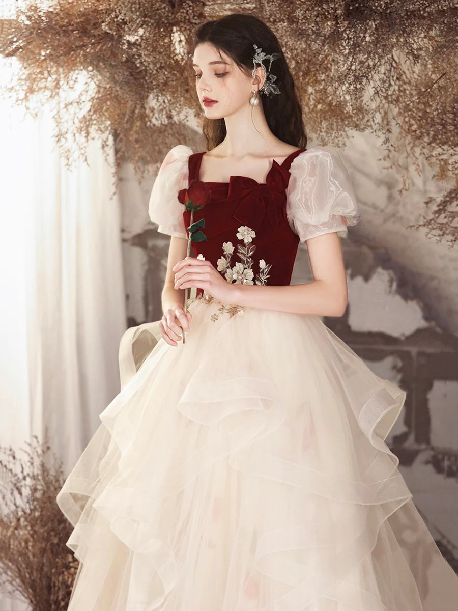 Burgundy Velvet and Champagne Tulle Short Sleeve A-Line Long Prom Dress Party Dress