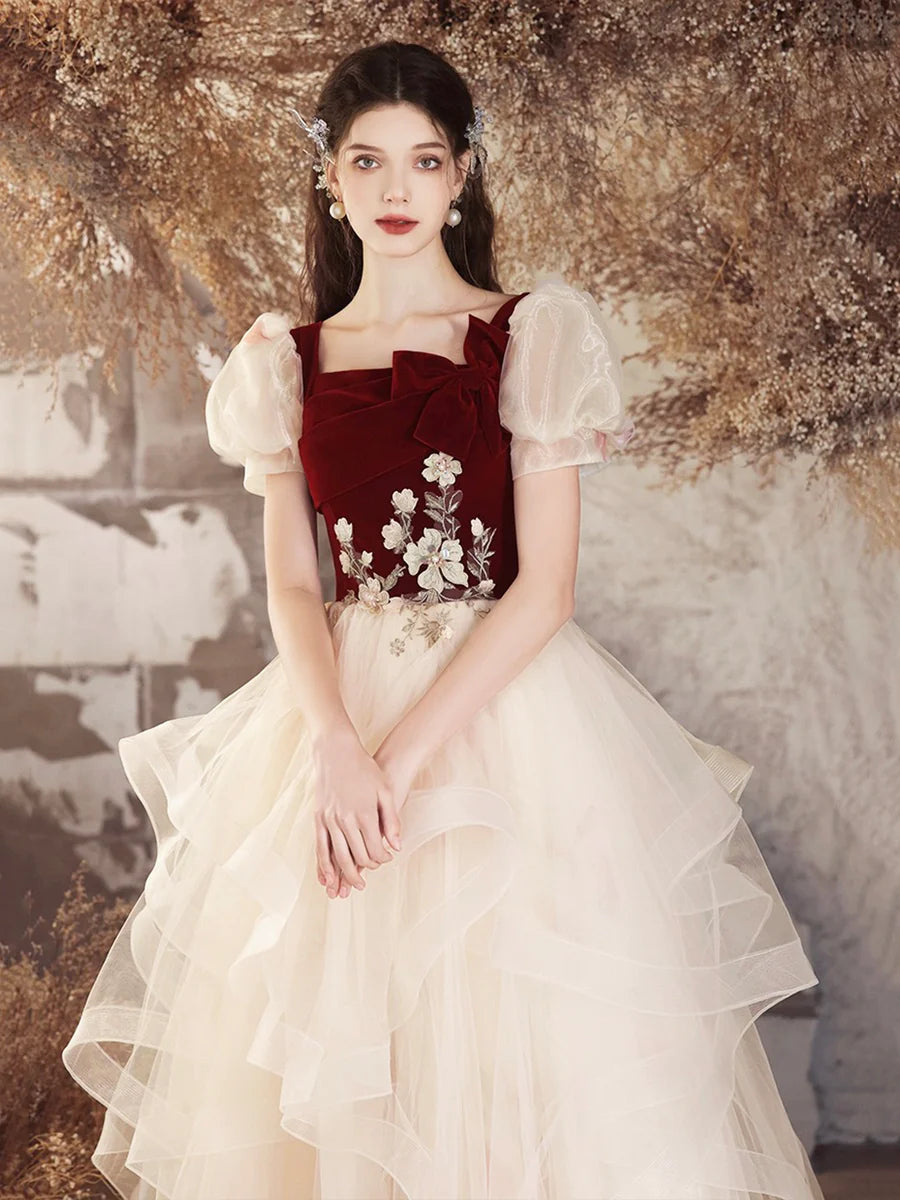 Burgundy Velvet and Champagne Tulle Short Sleeve A-Line Long Prom Dress Party Dress