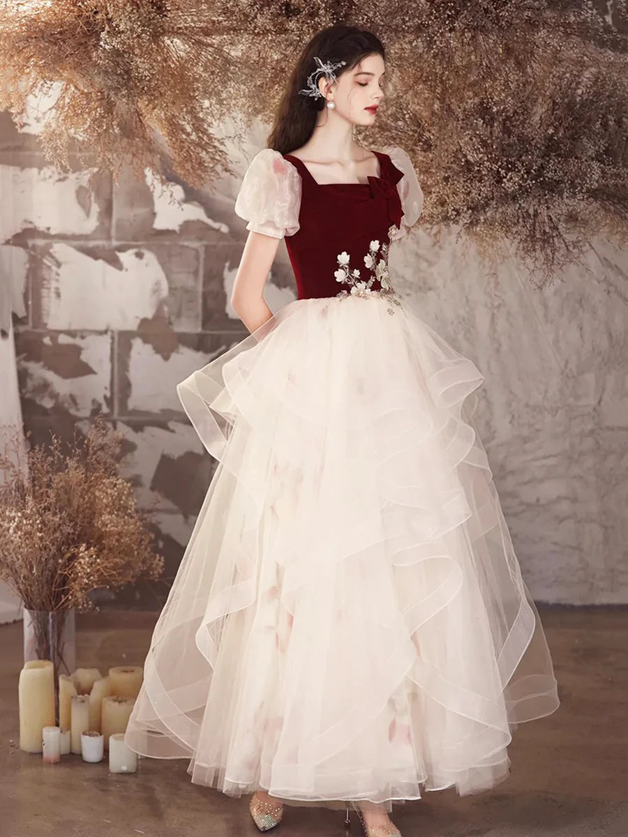 Burgundy Velvet and Champagne Tulle Short Sleeve A-Line Long Prom Dress Party Dress