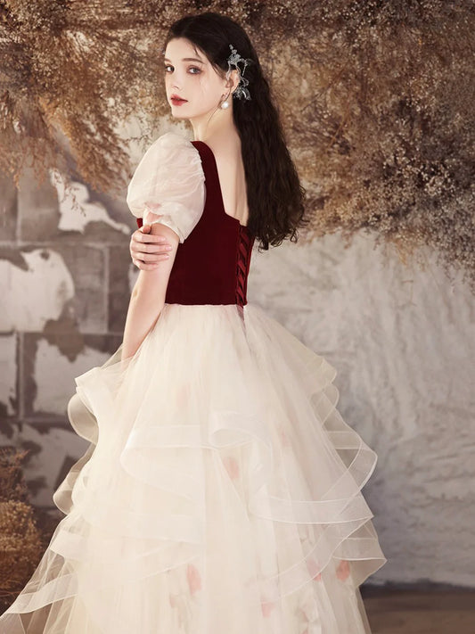 Burgundy Velvet and Champagne Tulle Short Sleeve A-Line Long Prom Dress Party Dress