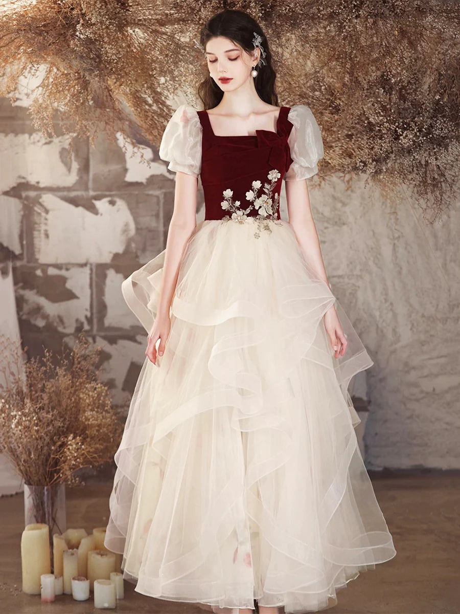 Burgundy Velvet and Champagne Tulle Short Sleeve A-Line Long Prom Dress Party Dress