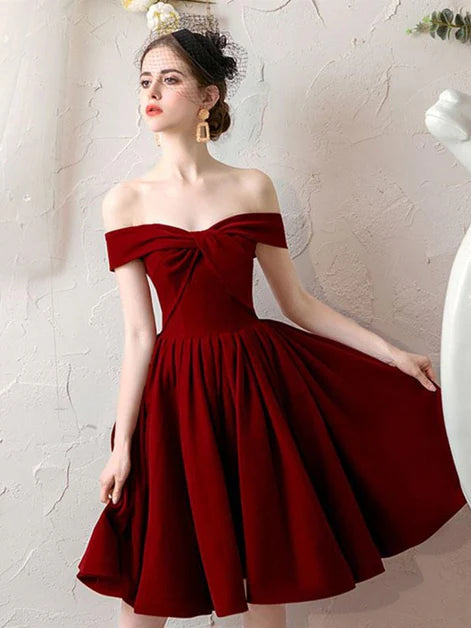 Burgundy Wine Red Off Shoulder Velvet Short Homecoming Dresses Prom Dress