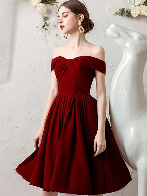 Burgundy Wine Red Off Shoulder Velvet Short Homecoming Dresses Prom Dress