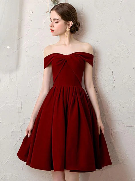 Burgundy Wine Red Off Shoulder Velvet Short Homecoming Dresses Prom Dress