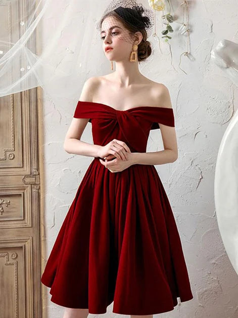 Burgundy Wine Red Off Shoulder Velvet Short Homecoming Dresses Prom Dress