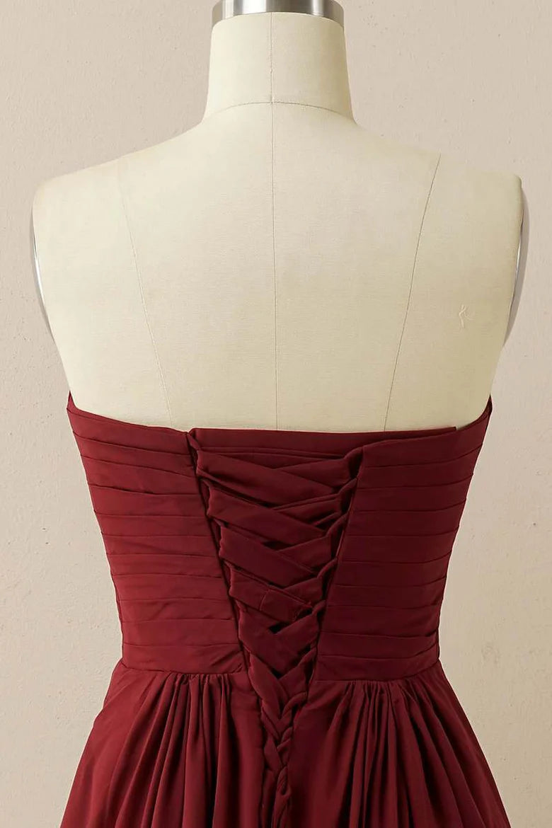 Burgundy Chiffon Sleeveless Off-Shoulder Sweetheart Neck Lace-up Back Full Length Bridesmaid Dress