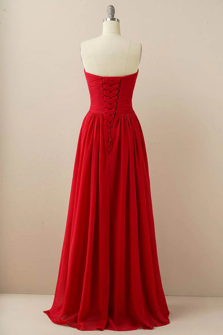 Burgundy Chiffon Sleeveless Off-Shoulder Sweetheart Neck Lace-up Back Full Length Bridesmaid Dress