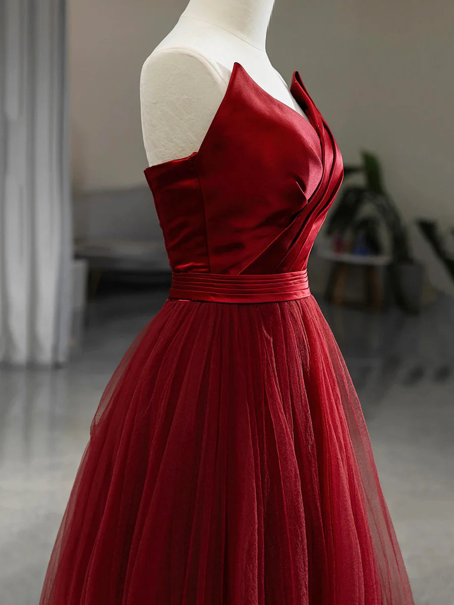 Burgundy Satin Tulle Pleated V-Neck Strapless A-Line Long Prom Dress Evening Party Dress