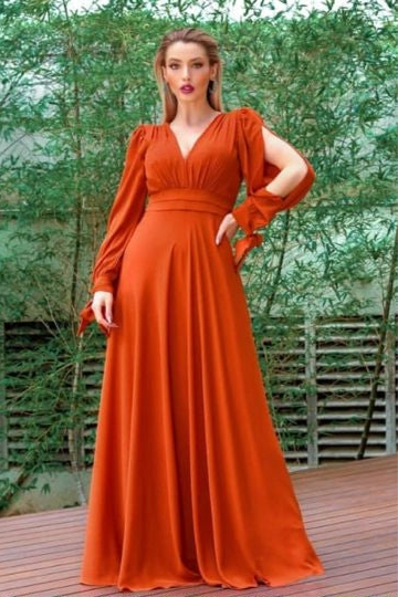 Burnt Orange V Neck Long Sleeves Floor Length Bridesmaids Dresses Long Ball Gowns