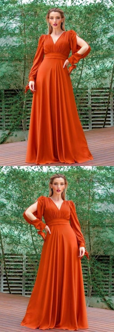 Burnt Orange V Neck Long Sleeves Floor Length Bridesmaids Dresses Long Ball Gowns