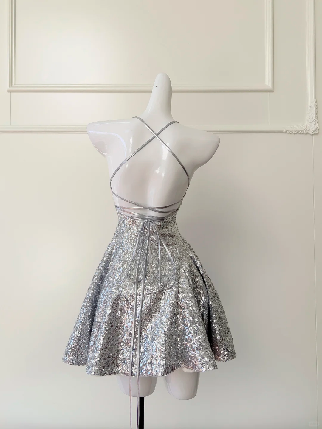 Shiny A Line Spaghetti Strap Silver Sequin Short Open Back Homecoming Dress