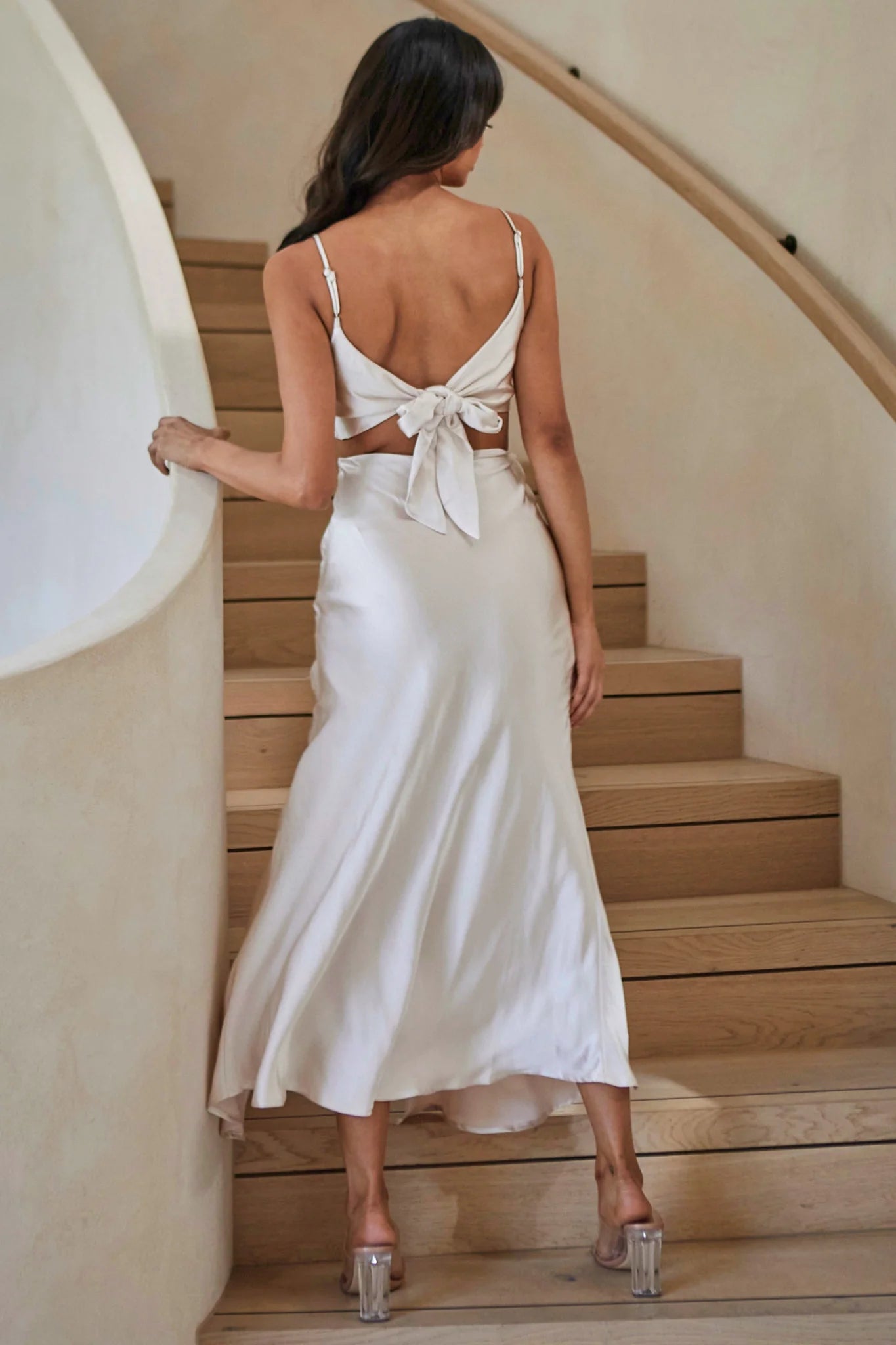 Cami Strap Cutout Tie Back Satin Rose Maxi Evening Dress With Slit