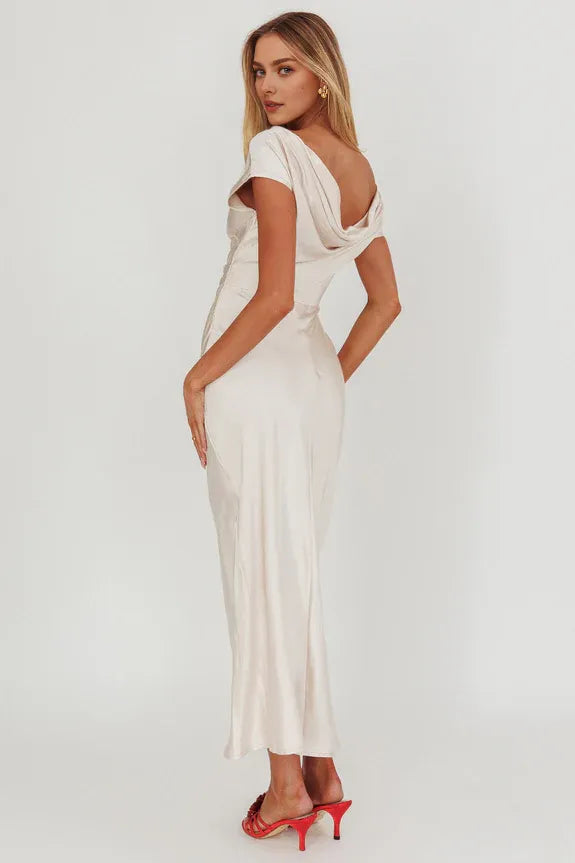 Cap Sleeve Cowl Back Satin Champagne Midi Homecoming Dress Prom Dress