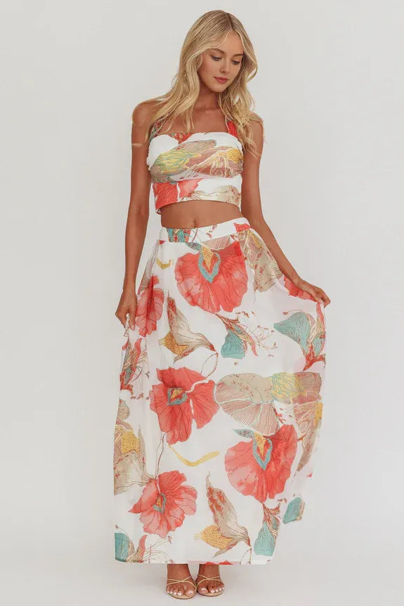 Casual A-Line Halter Neck Two Pieces Floral White Maxi Homecoming Prom Dress