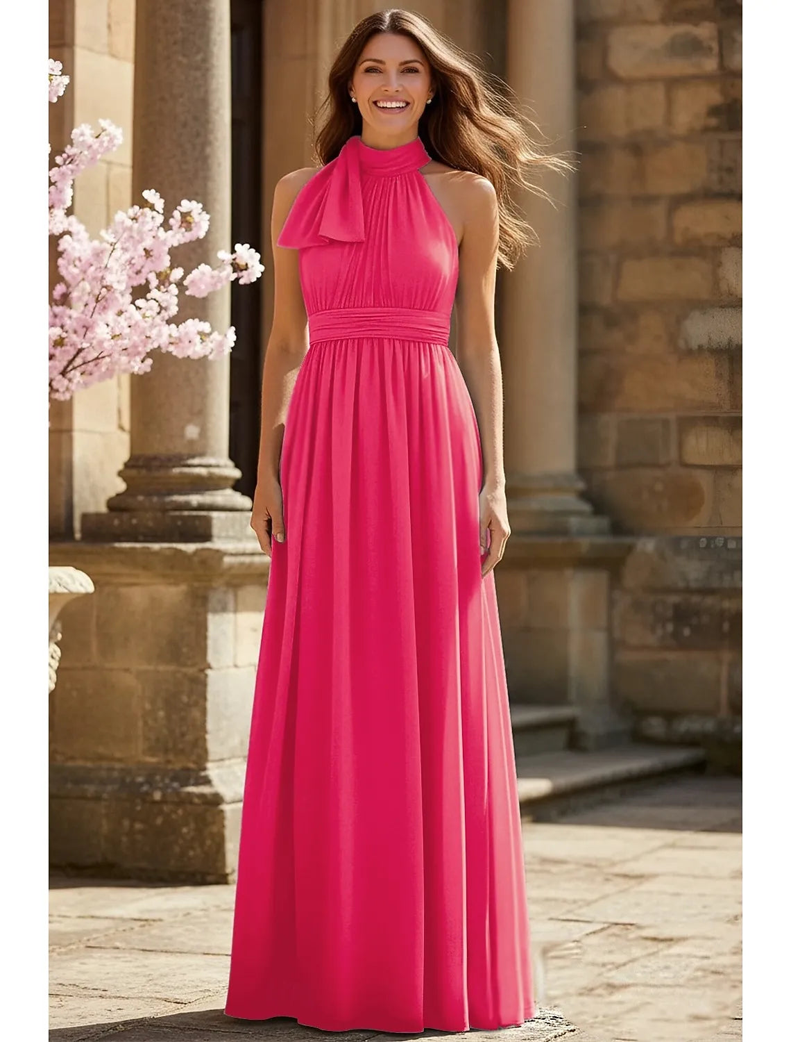 Casual A-Line Halter Sleeveless Pleated Bow Chiffon Hot Pink Maxi Prom Dress