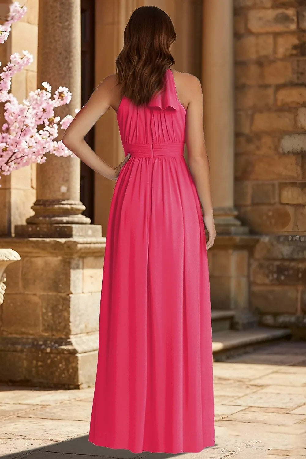 Casual A-Line Halter Sleeveless Pleated Bow Chiffon Hot Pink Maxi Prom Dress