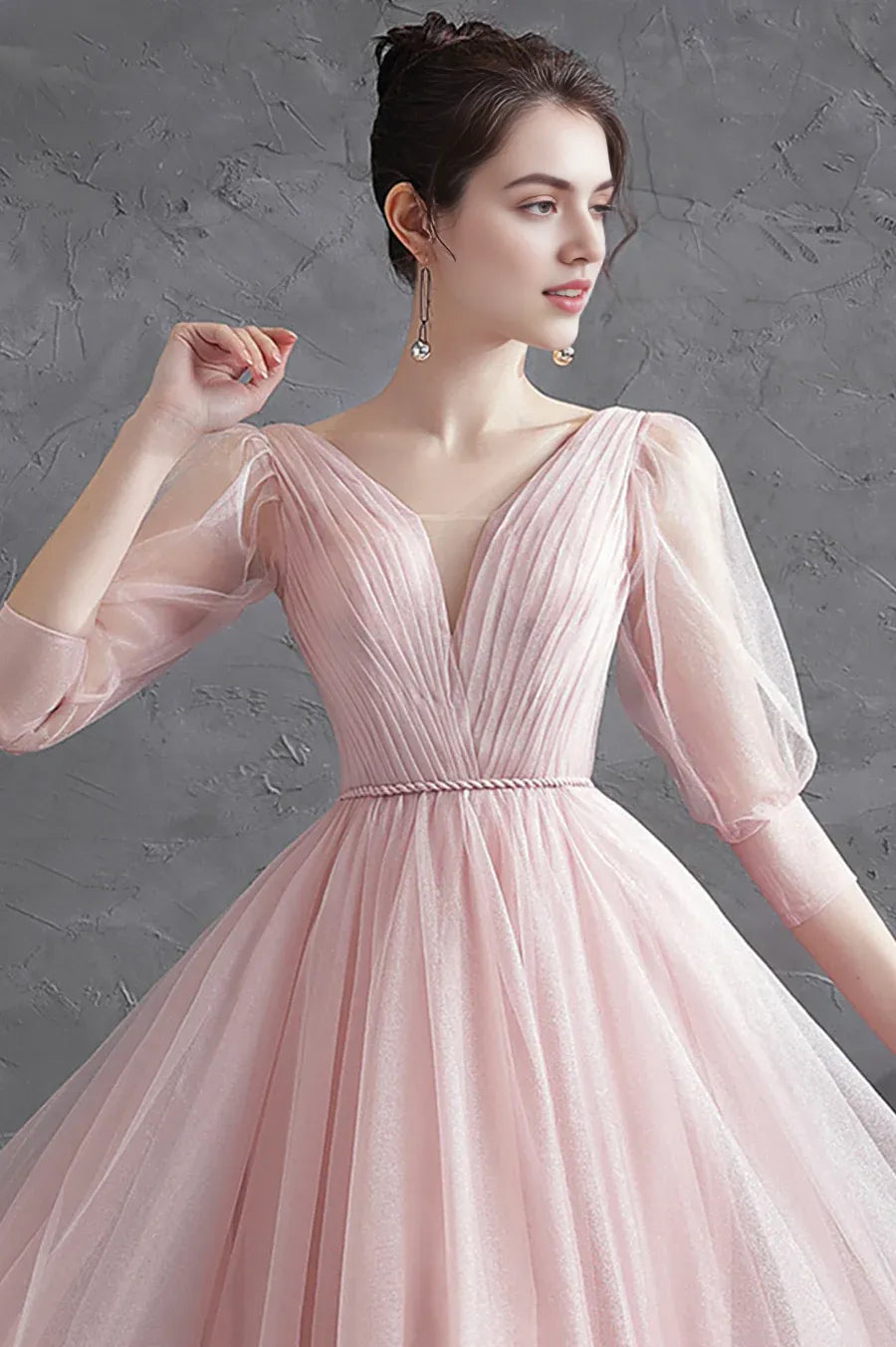 Casual A-Line V-Neck Short Sleeves Pleated Tulle Pink Long Prom Dress