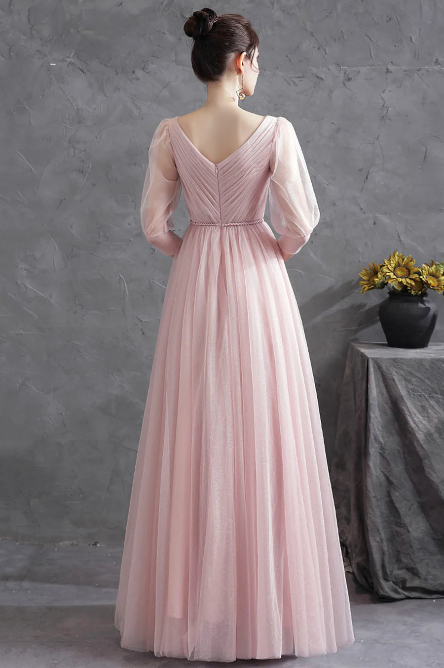 Casual A-Line V-Neck Short Sleeves Pleated Tulle Pink Long Prom Dress