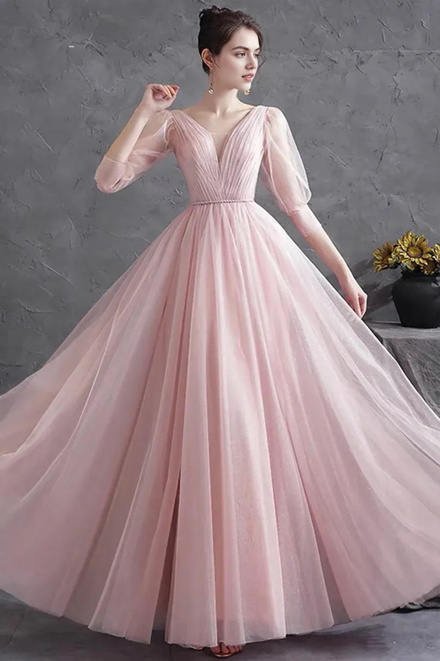 Casual A-Line V-Neck Short Sleeves Pleated Tulle Pink Long Prom Dress
