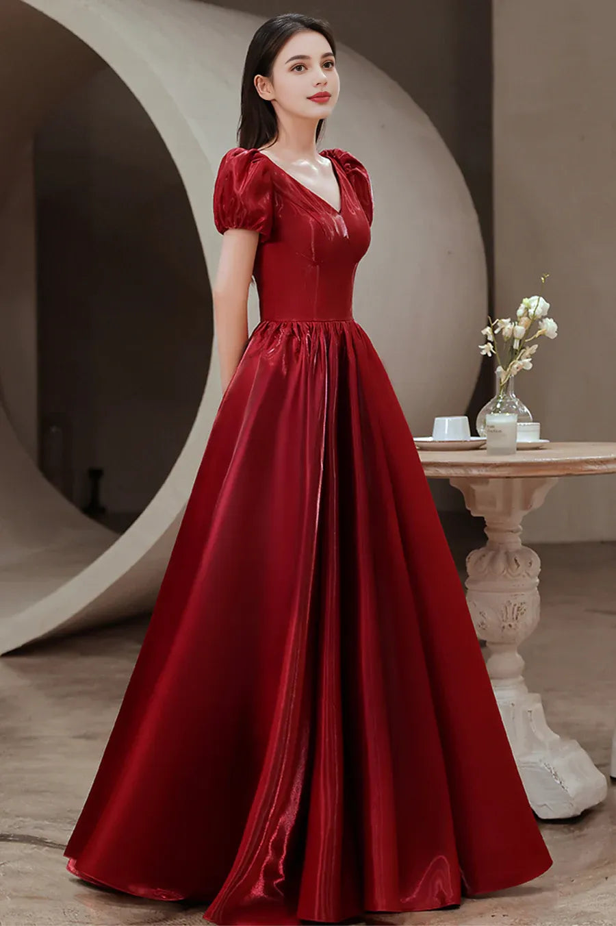Casual A-Line V-Neck Short Sleeves Satin Red Long Prom Dress Evening Dress