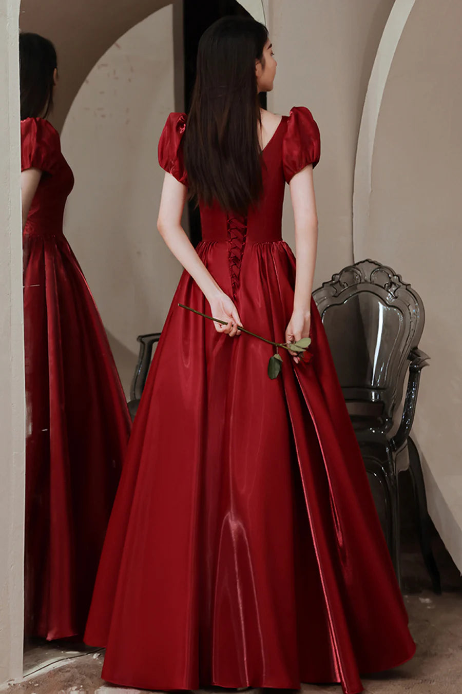 Casual A-Line V-Neck Short Sleeves Satin Red Long Prom Dress Evening Dress