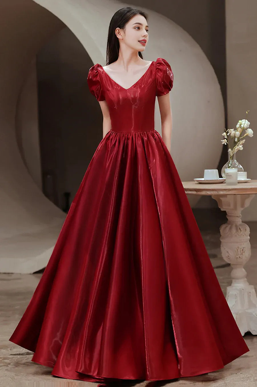Casual A-Line V-Neck Short Sleeves Satin Red Long Prom Dress Evening Dress