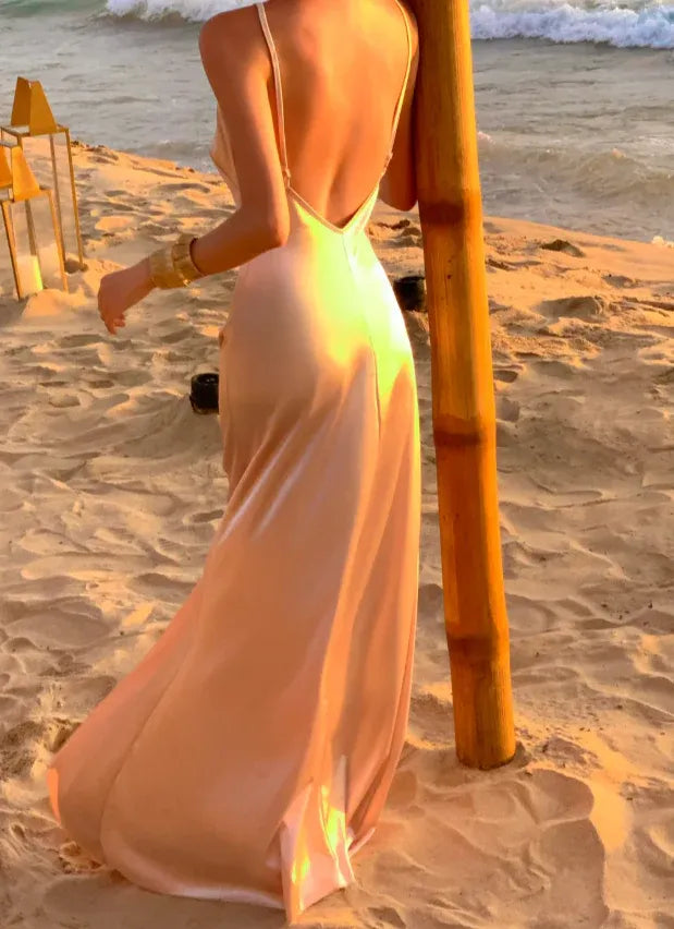 Casual A-Line V-Neck Spaghetti Strap Satin Blush Floor Length Prom Dress