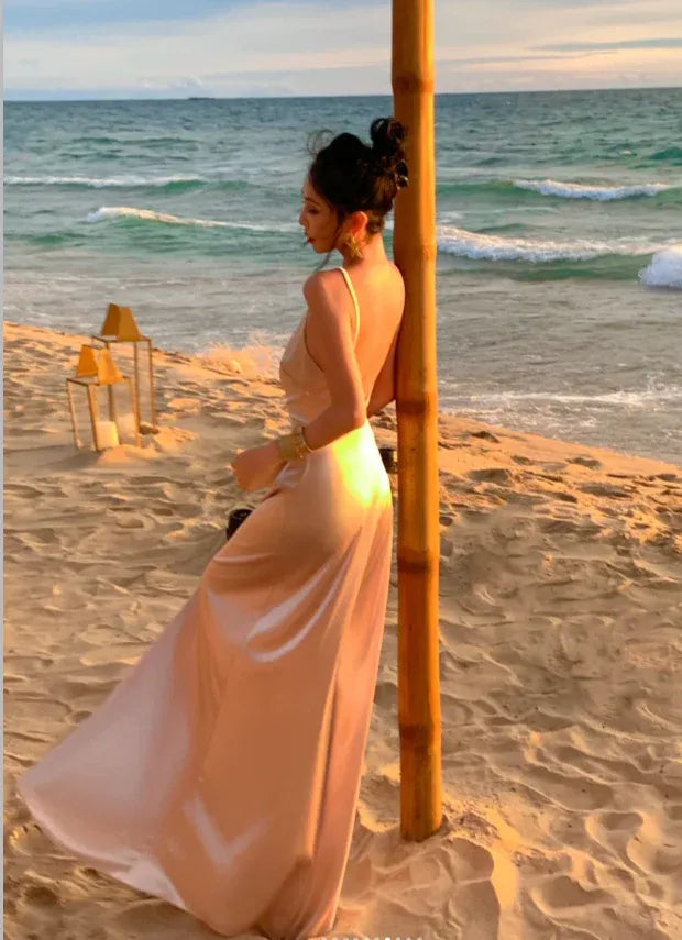 Casual A-Line V-Neck Spaghetti Strap Satin Blush Floor Length Prom Dress