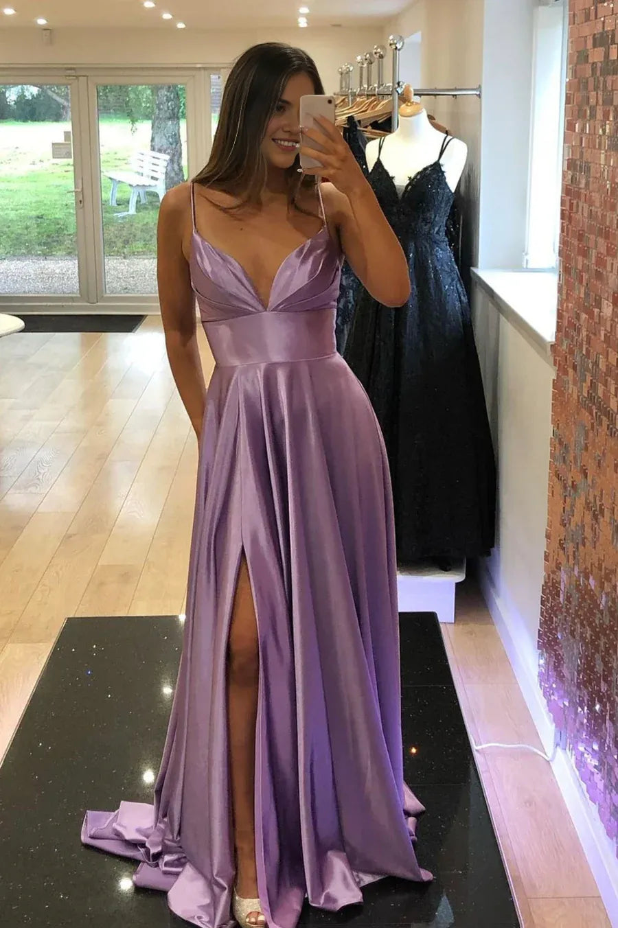 Casual A-Line V-Neck Spaghetti Straps Satin Purple Long Prom Dress With Slit
