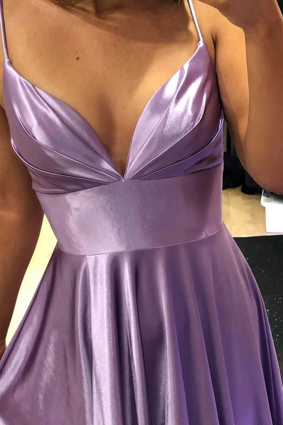 Casual A-Line V-Neck Spaghetti Straps Satin Purple Long Prom Dress With Slit