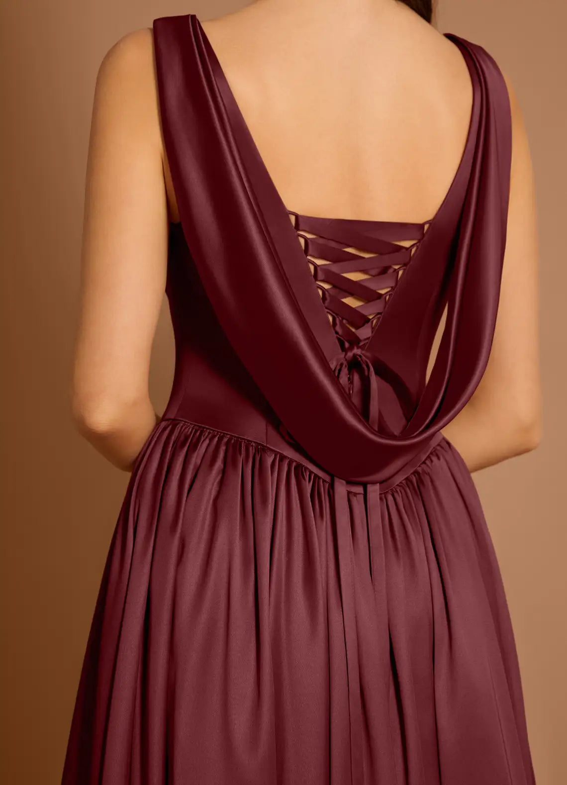 Casual A-line Cowl Neck Pleated Satin Merlot Maxi Evening Dress With Slit