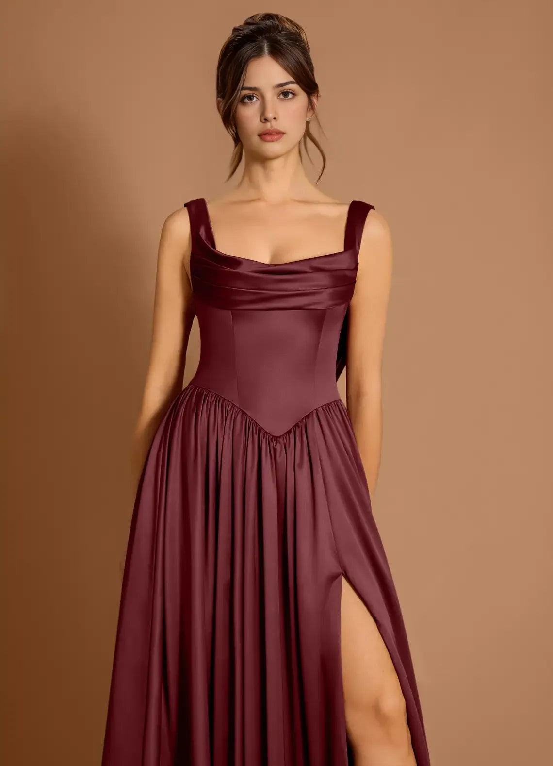 Casual A-line Cowl Neck Pleated Satin Merlot Maxi Evening Dress With Slit
