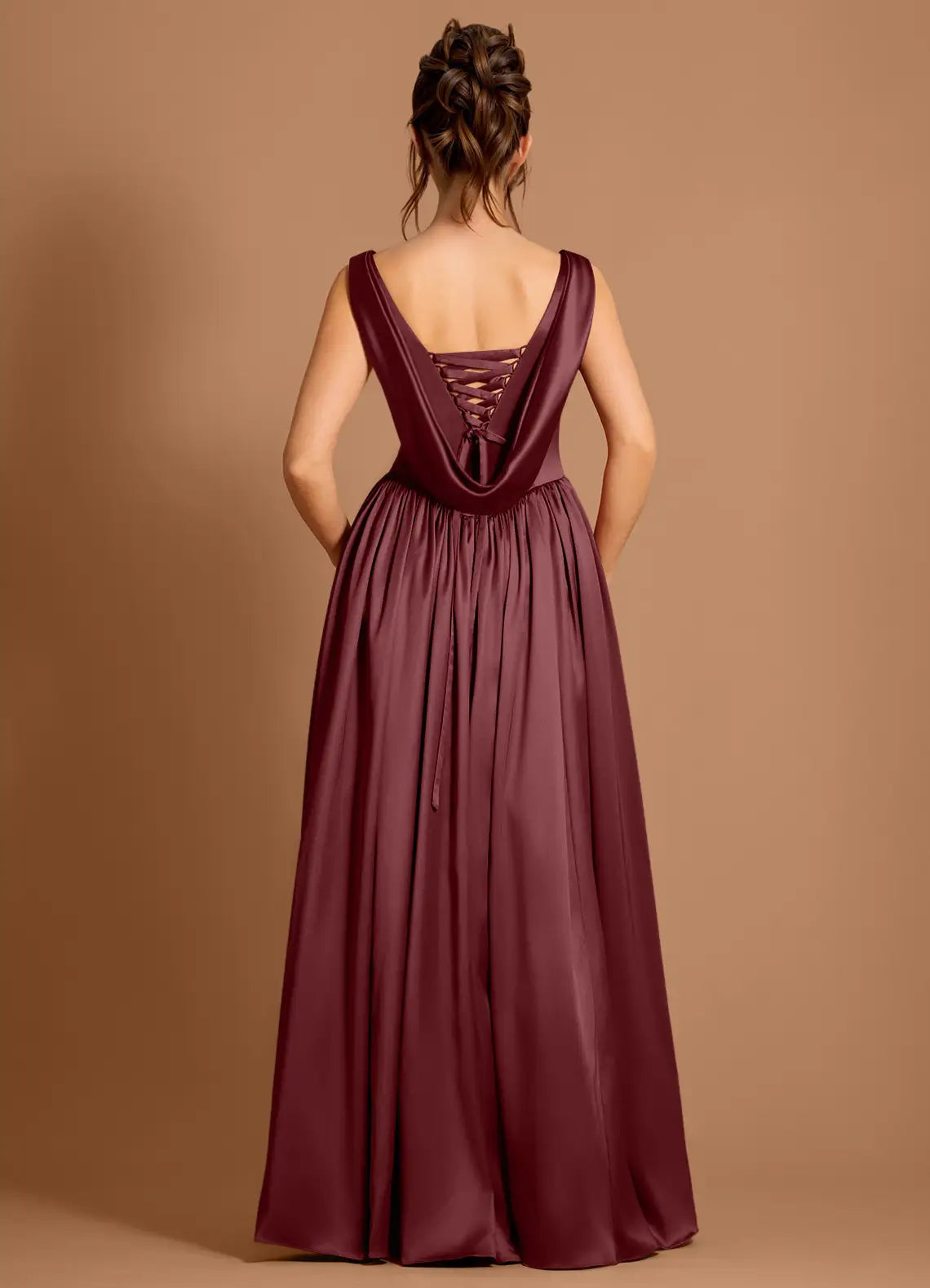 Casual A-line Cowl Neck Pleated Satin Merlot Maxi Evening Dress With Slit
