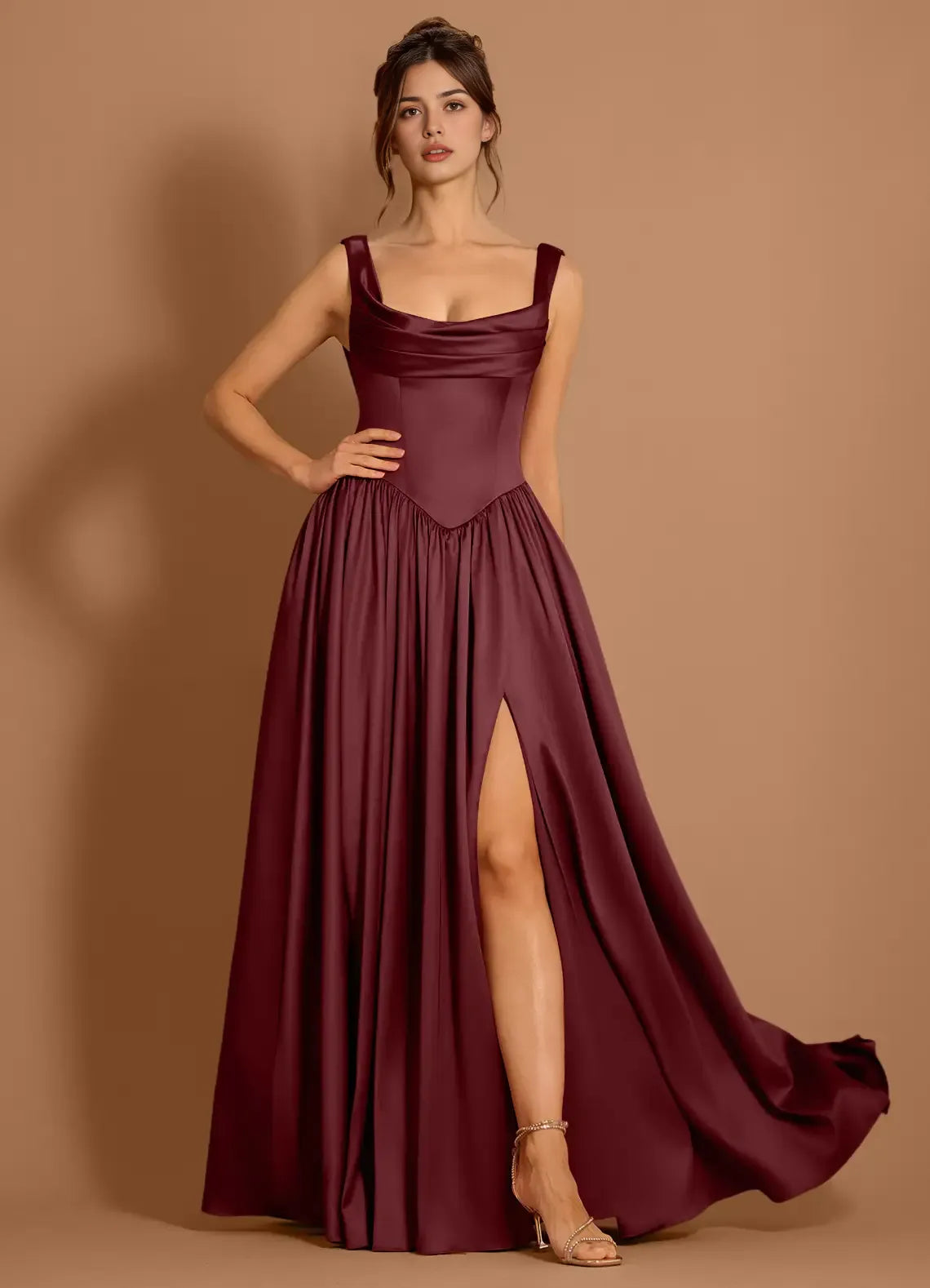 Casual A-line Cowl Neck Pleated Satin Merlot Maxi Evening Dress With Slit
