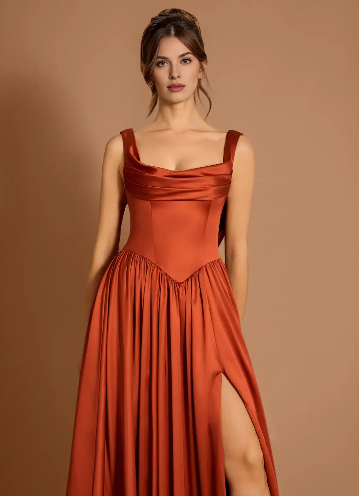 Casual A-line Cowl Neck Pleated Satin Paprika Maxi Evening Dress With Slit