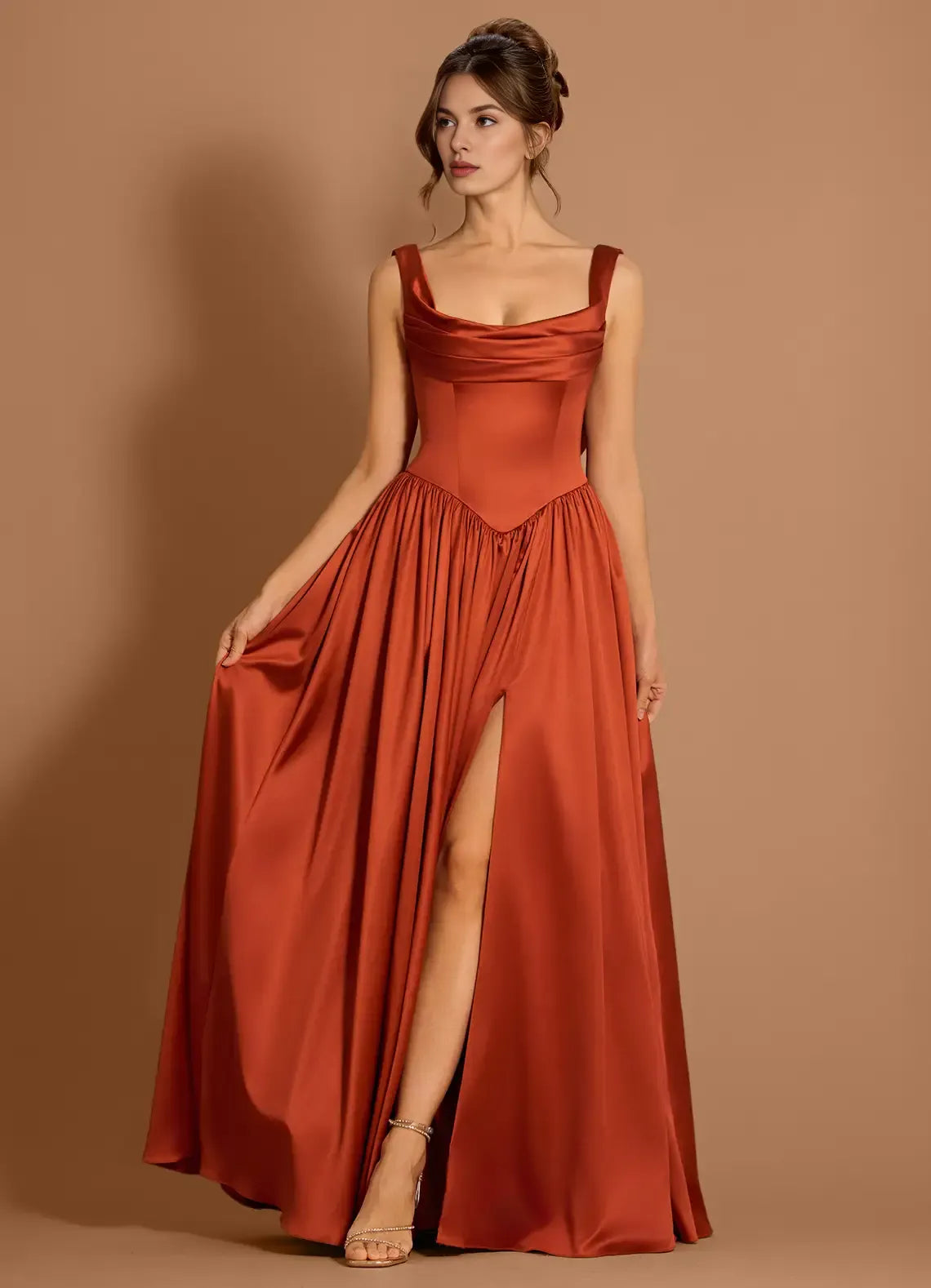Casual A-line Cowl Neck Pleated Satin Paprika Maxi Evening Dress With Slit