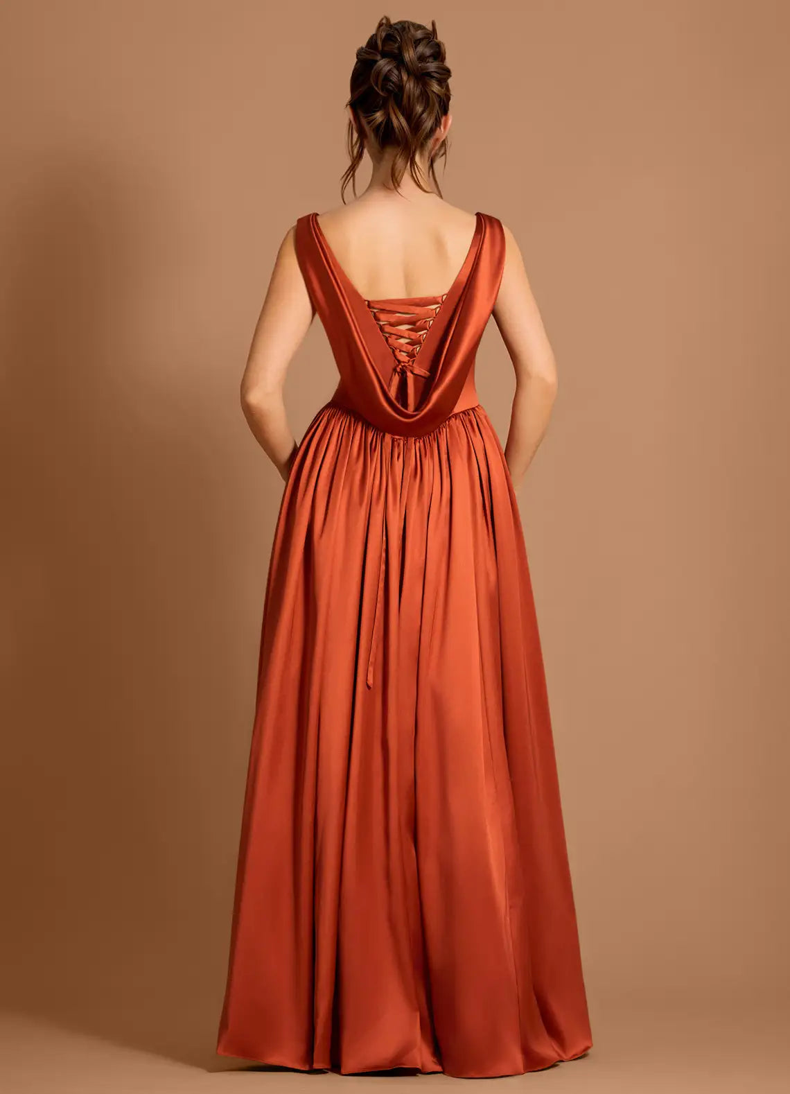 Casual A-line Cowl Neck Pleated Satin Paprika Maxi Evening Dress With Slit