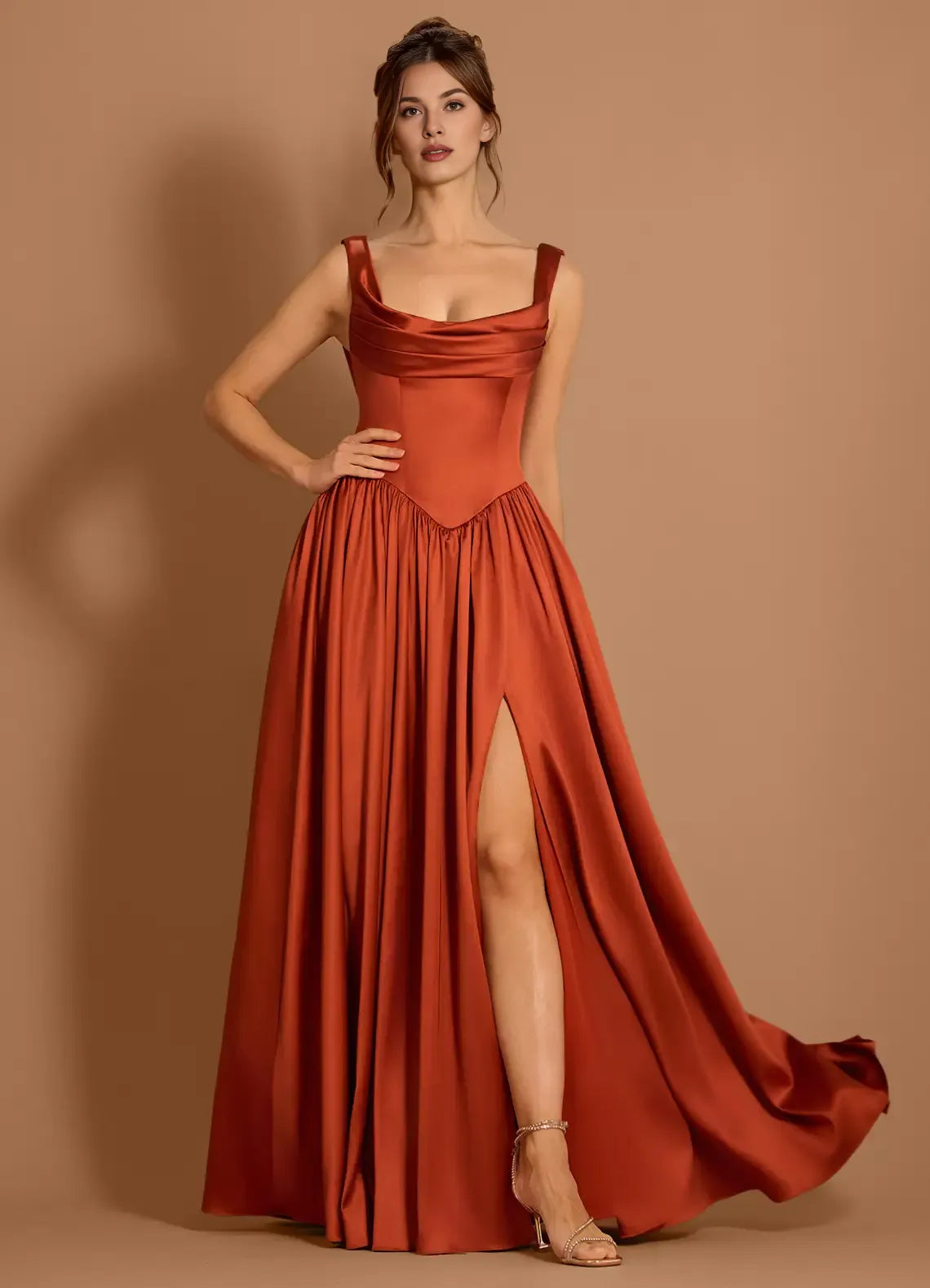 Casual A-line Cowl Neck Pleated Satin Paprika Maxi Evening Dress With Slit